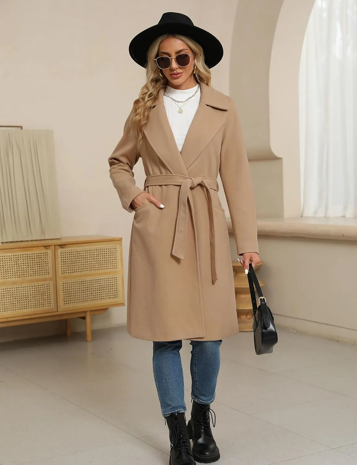 BZB Women's Long Wool Blend Pea Coat Winter Casual Overcoat Notched Lapel Collar Trench Coat Belted Long Jacket Outerwear