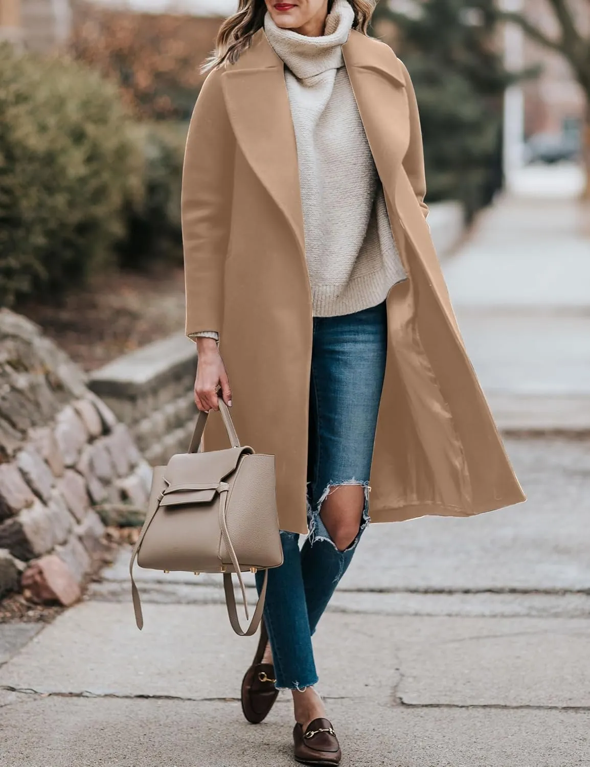 BZB Women's Long Wool Blend Pea Coat Winter Casual Overcoat Notched Lapel Collar Trench Coat Belted Long Jacket Outerwear