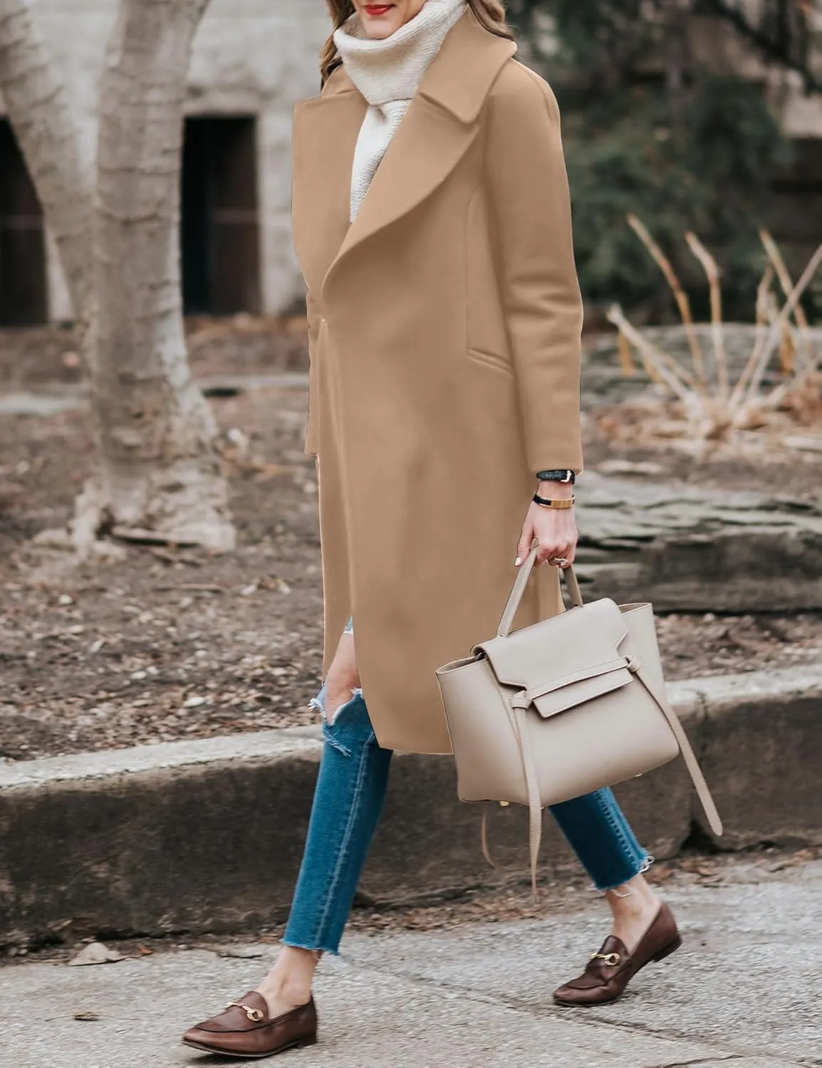 BZB Women's Long Wool Blend Pea Coat Winter Casual Overcoat Notched Lapel Collar Trench Coat Belted Long Jacket Outerwear