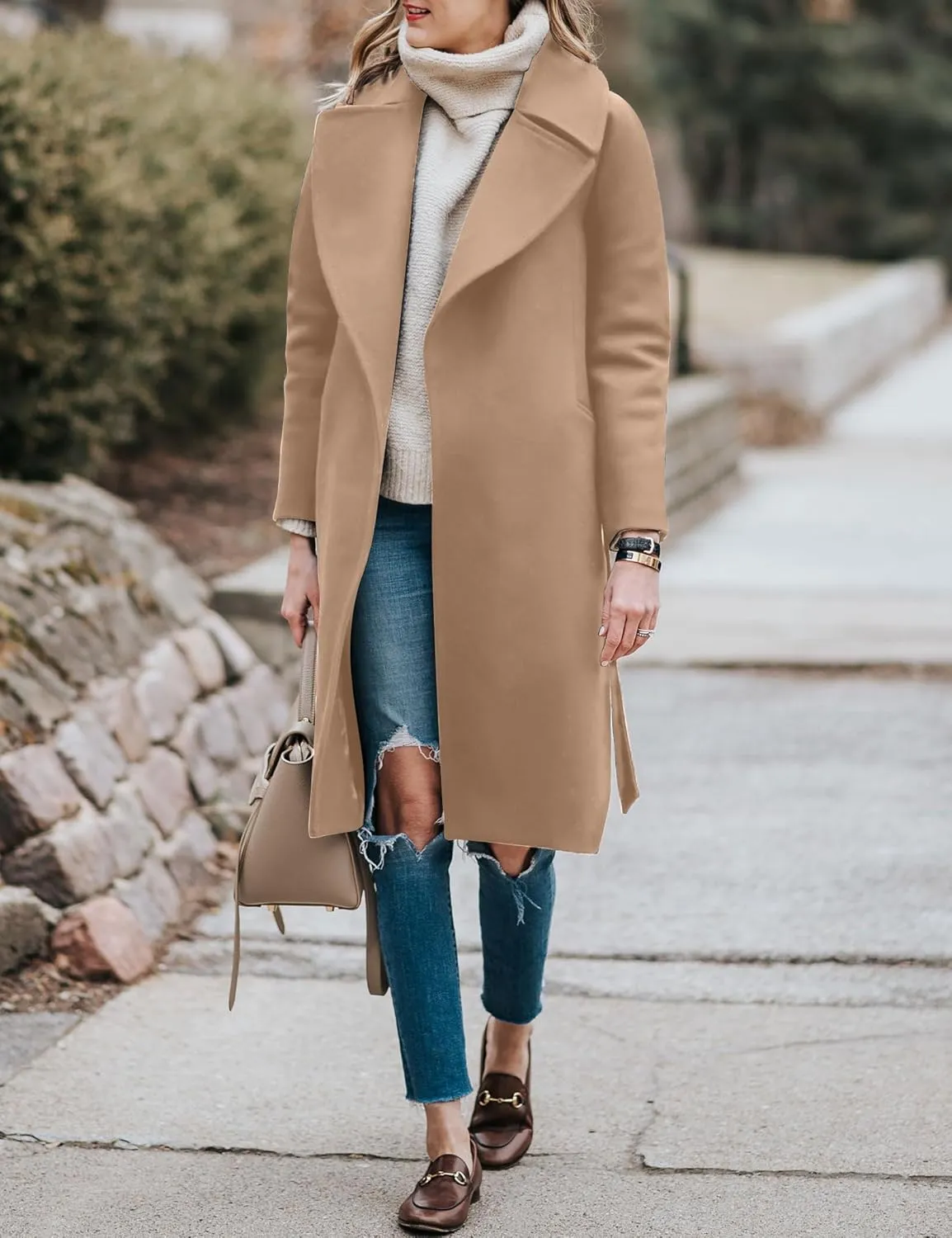 BZB Women's Long Wool Blend Pea Coat Winter Casual Overcoat Notched Lapel Collar Trench Coat Belted Long Jacket Outerwear