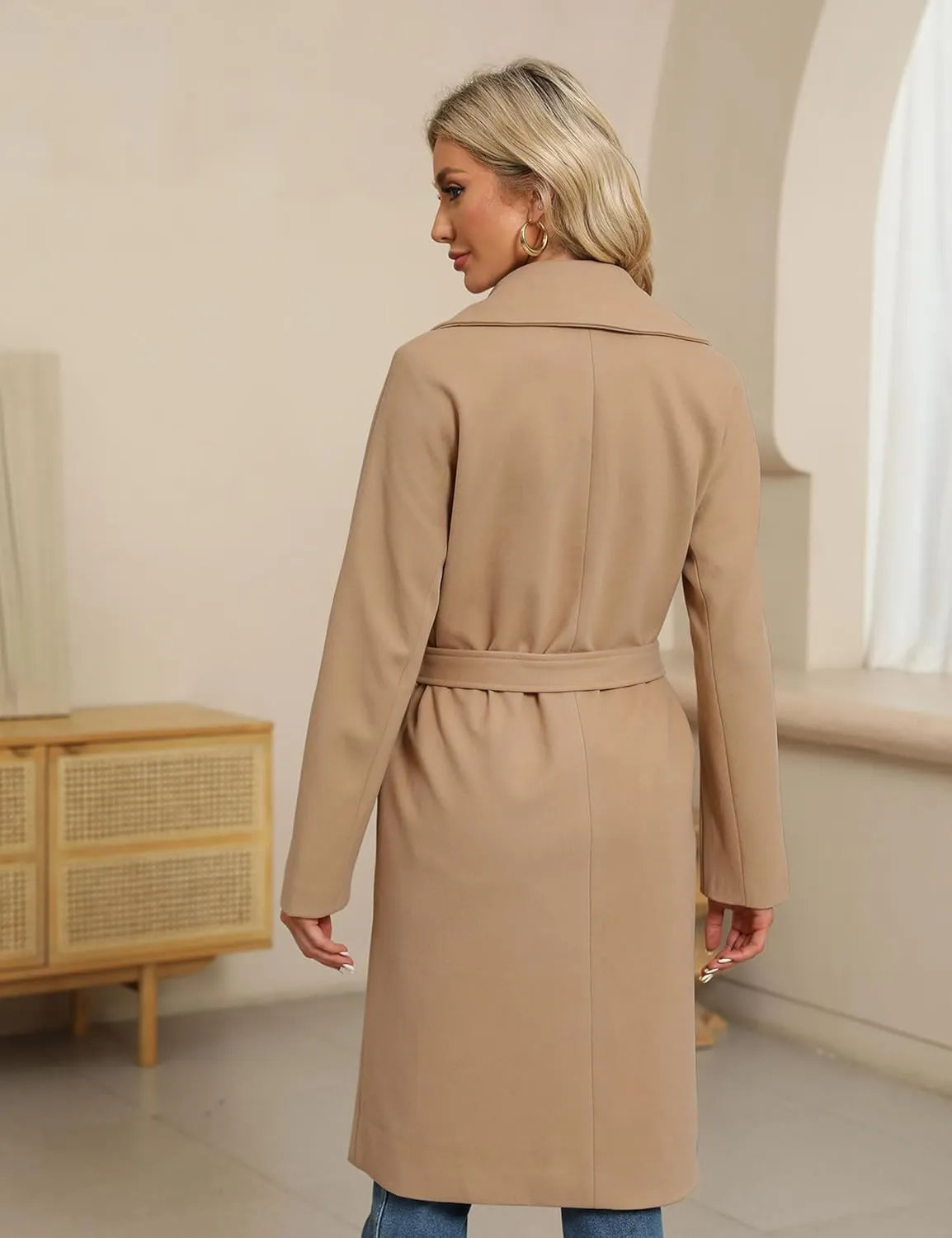 BZB Women's Long Wool Blend Pea Coat Winter Casual Overcoat Notched Lapel Collar Trench Coat Belted Long Jacket Outerwear