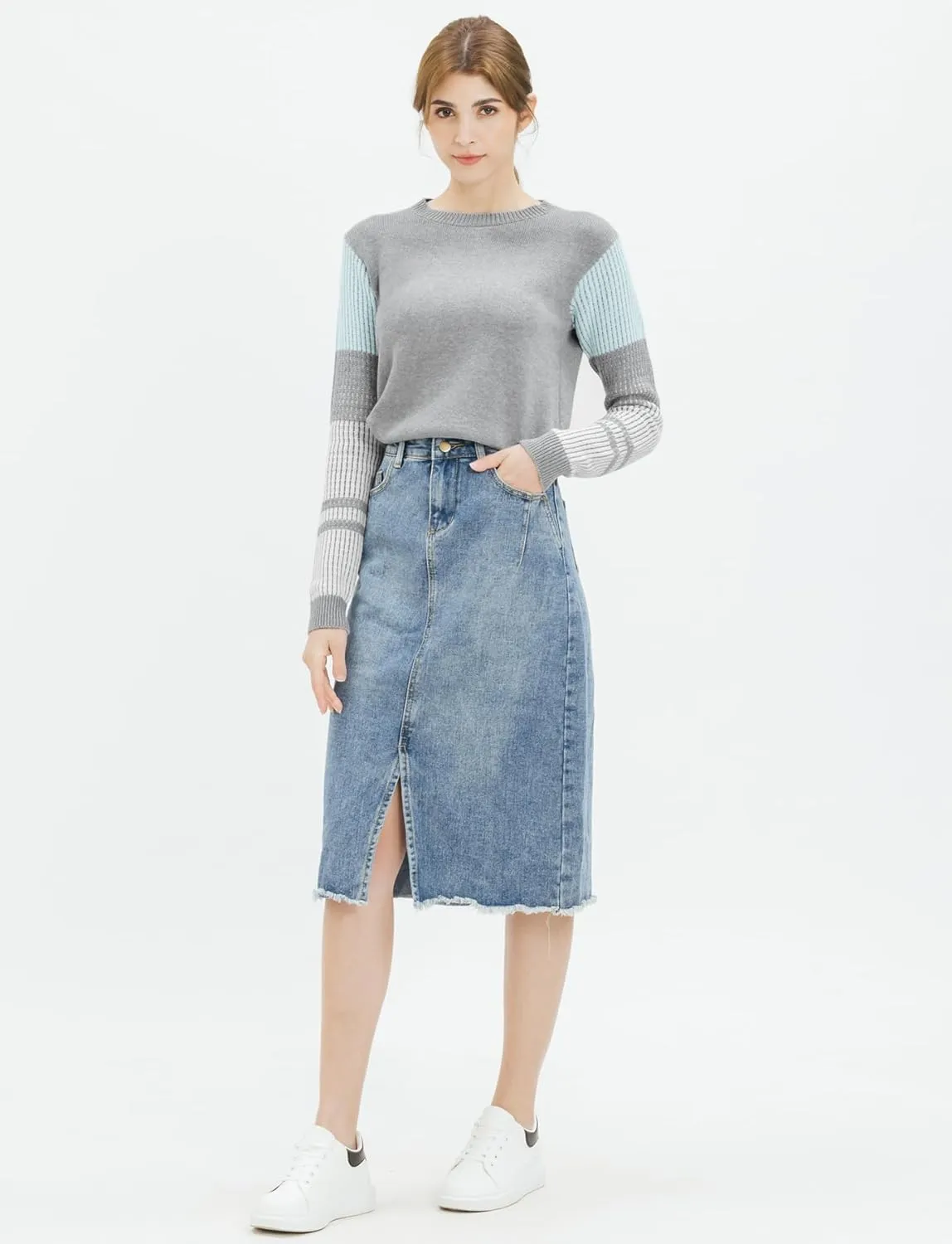Cable Stitch Women's Contrast-Sleeve Cotton Sweater - Crewneck Long Sleeve Knitted Pullover Top