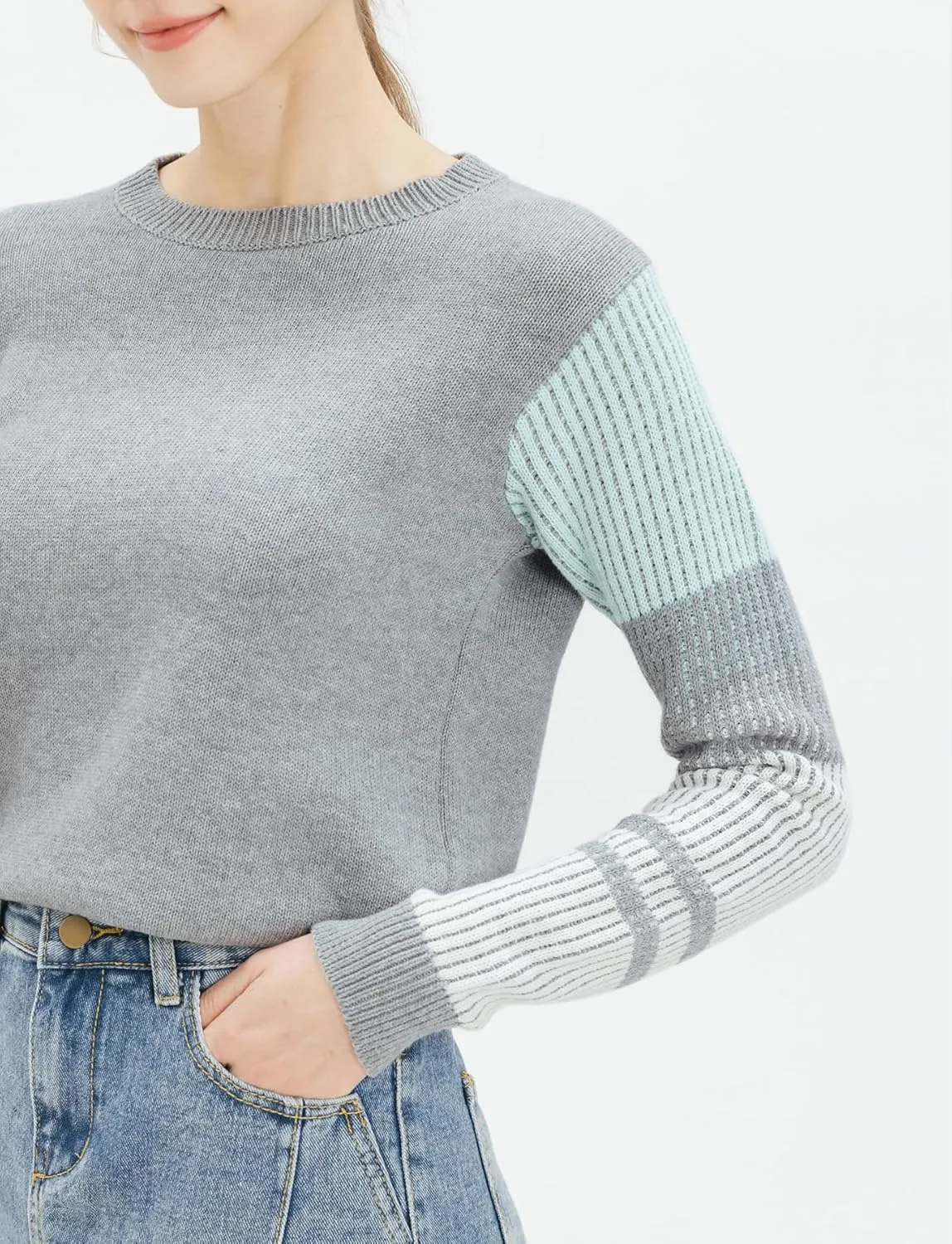 Cable Stitch Women's Contrast-Sleeve Cotton Sweater - Crewneck Long Sleeve Knitted Pullover Top