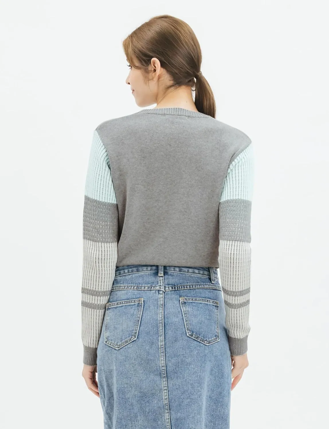 Cable Stitch Women's Contrast-Sleeve Cotton Sweater - Crewneck Long Sleeve Knitted Pullover Top