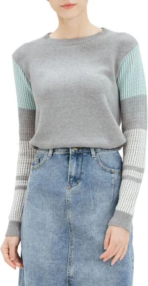 Cable Stitch Women's Contrast-Sleeve Cotton Sweater - Crewneck Long Sleeve Knitted Pullover Top