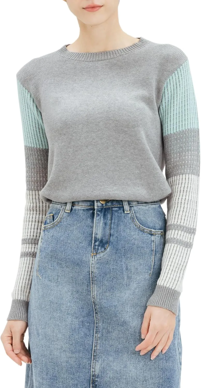 Cable Stitch Women's Contrast-Sleeve Cotton Sweater - Crewneck Long Sleeve Knitted Pullover Top