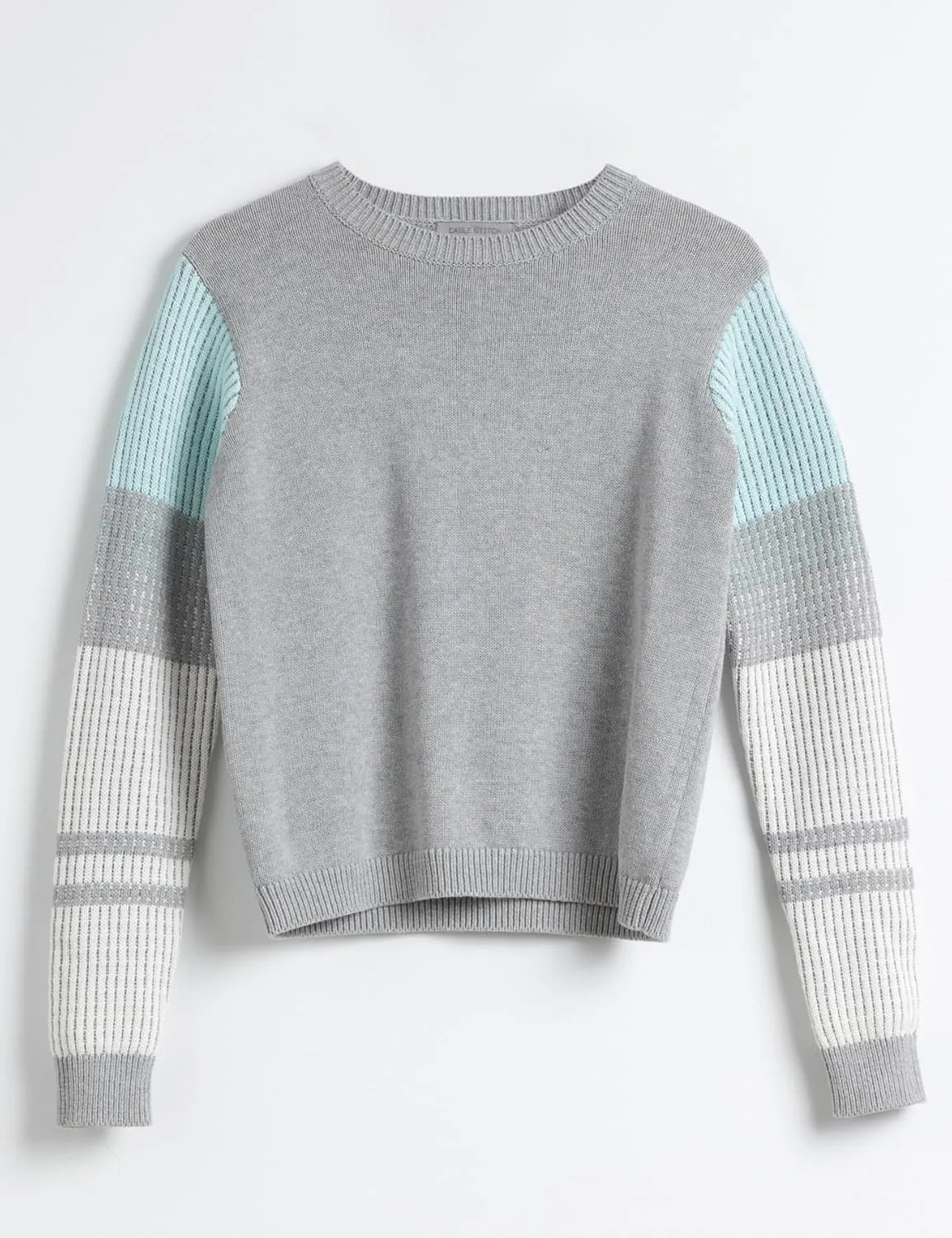 Cable Stitch Women's Contrast-Sleeve Cotton Sweater - Crewneck Long Sleeve Knitted Pullover Top