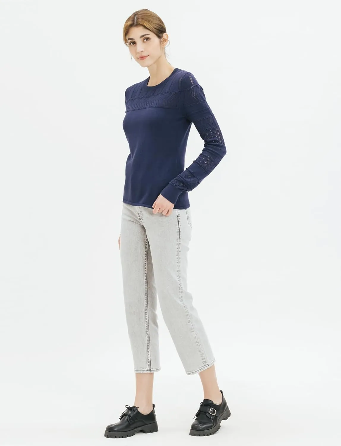 Cable Stitch Women's Pointelle Sleeve Lightweight Sweater - Long Sleeve Crewneck Lace Pullover Top