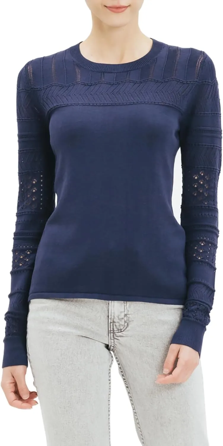 Cable Stitch Women's Pointelle Sleeve Lightweight Sweater - Long Sleeve Crewneck Lace Pullover Top
