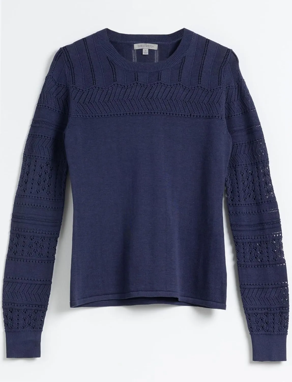 Cable Stitch Women's Pointelle Sleeve Lightweight Sweater - Long Sleeve Crewneck Lace Pullover Top