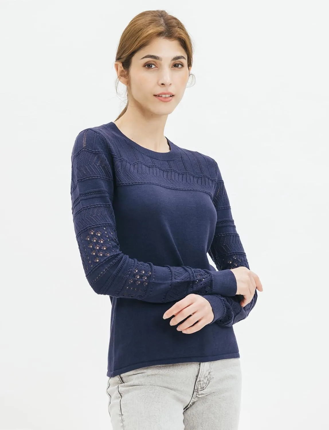 Cable Stitch Women's Pointelle Sleeve Lightweight Sweater - Long Sleeve Crewneck Lace Pullover Top