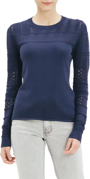 Cable Stitch Women's Pointelle Sleeve Lightweight Sweater - Long Sleeve Crewneck Lace Pullover Top