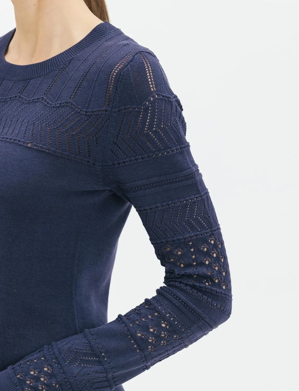 Cable Stitch Women's Pointelle Sleeve Lightweight Sweater - Long Sleeve Crewneck Lace Pullover Top