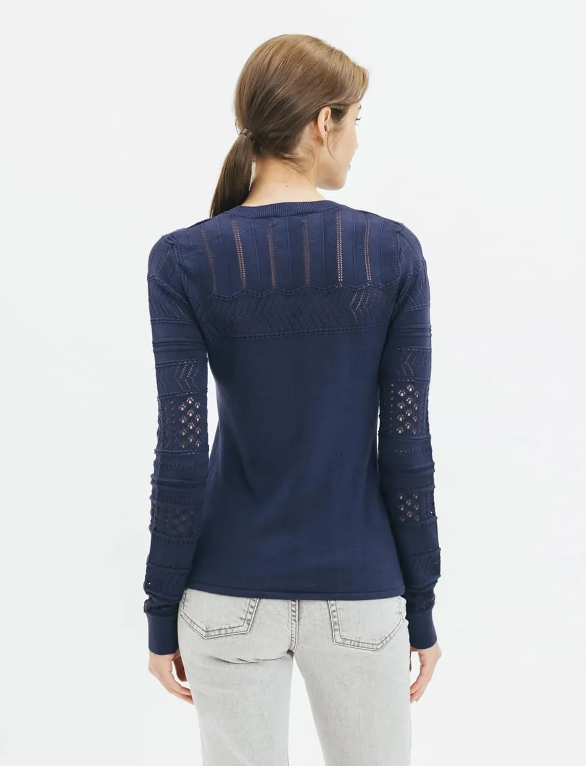 Cable Stitch Women's Pointelle Sleeve Lightweight Sweater - Long Sleeve Crewneck Lace Pullover Top