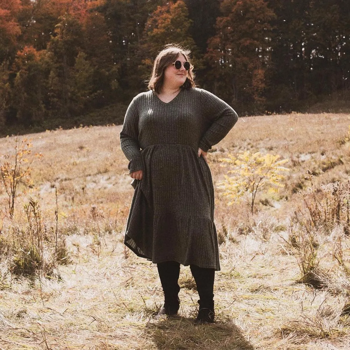 CARCOS Plus Size Dresses for Curvy Women Crew/Vneck Long Sleeve Dresses Ladies Knee Long Fall Winter Dress with Pocket XL-5XL