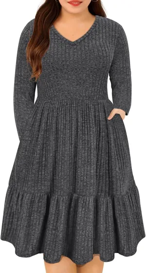 CARCOS Plus Size Dresses for Curvy Women Crew/Vneck Long Sleeve Dresses Ladies Knee Long Fall Winter Dress with Pocket XL-5XL