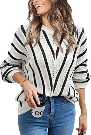 CCTOO Womens Striped Pullover Sweaters: Casual Color Block Crew Neck Long Sleeve Crochet Hollow Out Knit Sweater Tops