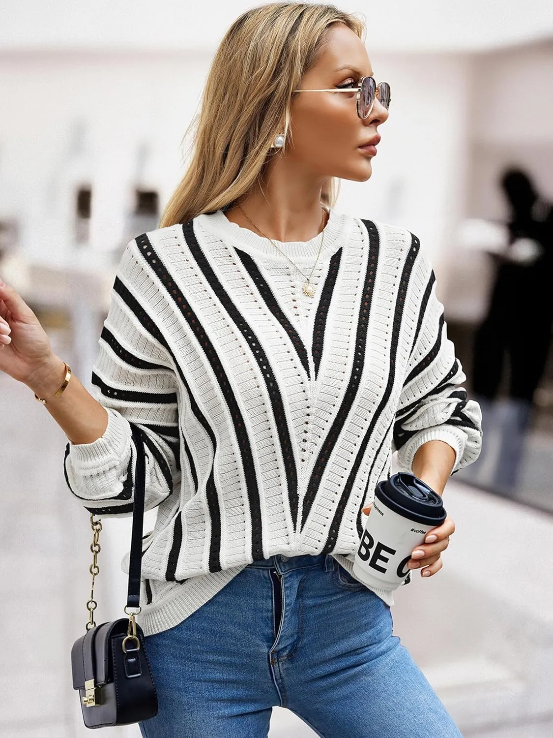 CCTOO Womens Striped Pullover Sweaters: Casual Color Block Crew Neck Long Sleeve Crochet Hollow Out Knit Sweater Tops