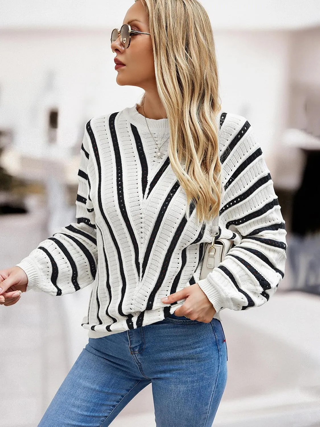 CCTOO Womens Striped Pullover Sweaters: Casual Color Block Crew Neck Long Sleeve Crochet Hollow Out Knit Sweater Tops