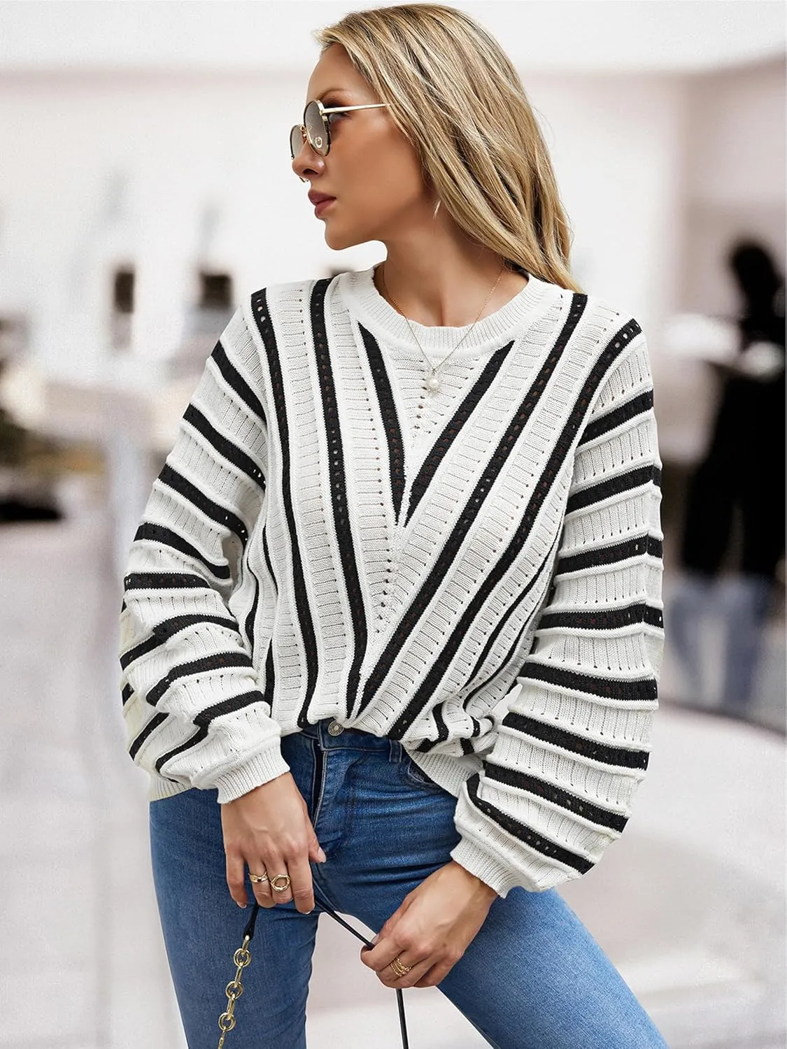 CCTOO Womens Striped Pullover Sweaters: Casual Color Block Crew Neck Long Sleeve Crochet Hollow Out Knit Sweater Tops