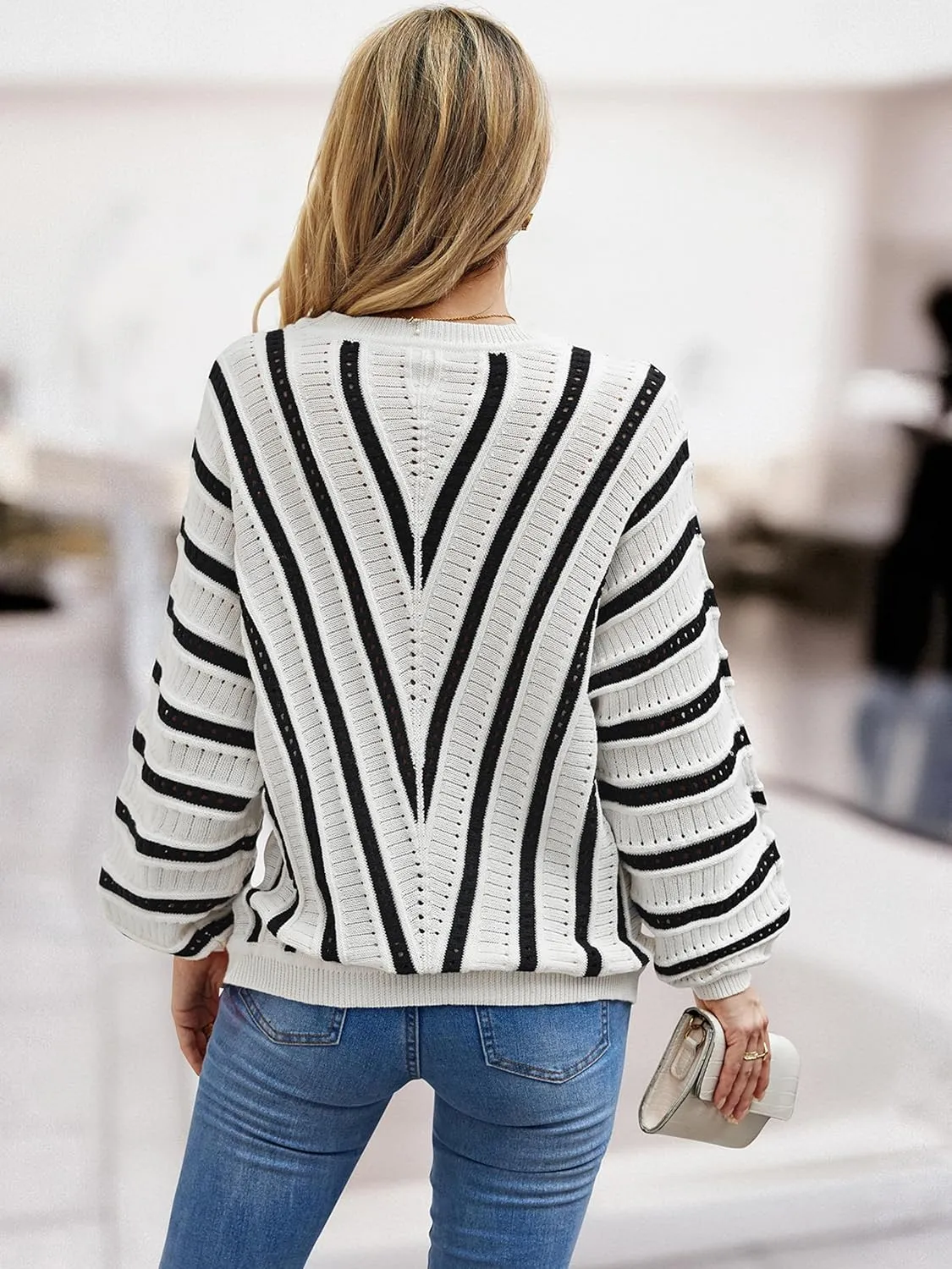 CCTOO Womens Striped Pullover Sweaters: Casual Color Block Crew Neck Long Sleeve Crochet Hollow Out Knit Sweater Tops