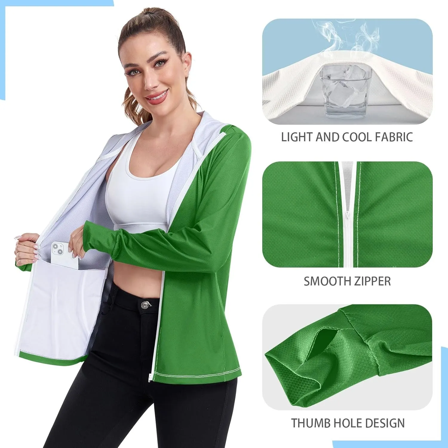 Celadon Womens Sun Protection Shirts Lightweight Long Sleeve Sun Shirt for Hiking Outdoor Women's Hoodie Zip Front Rash Guard