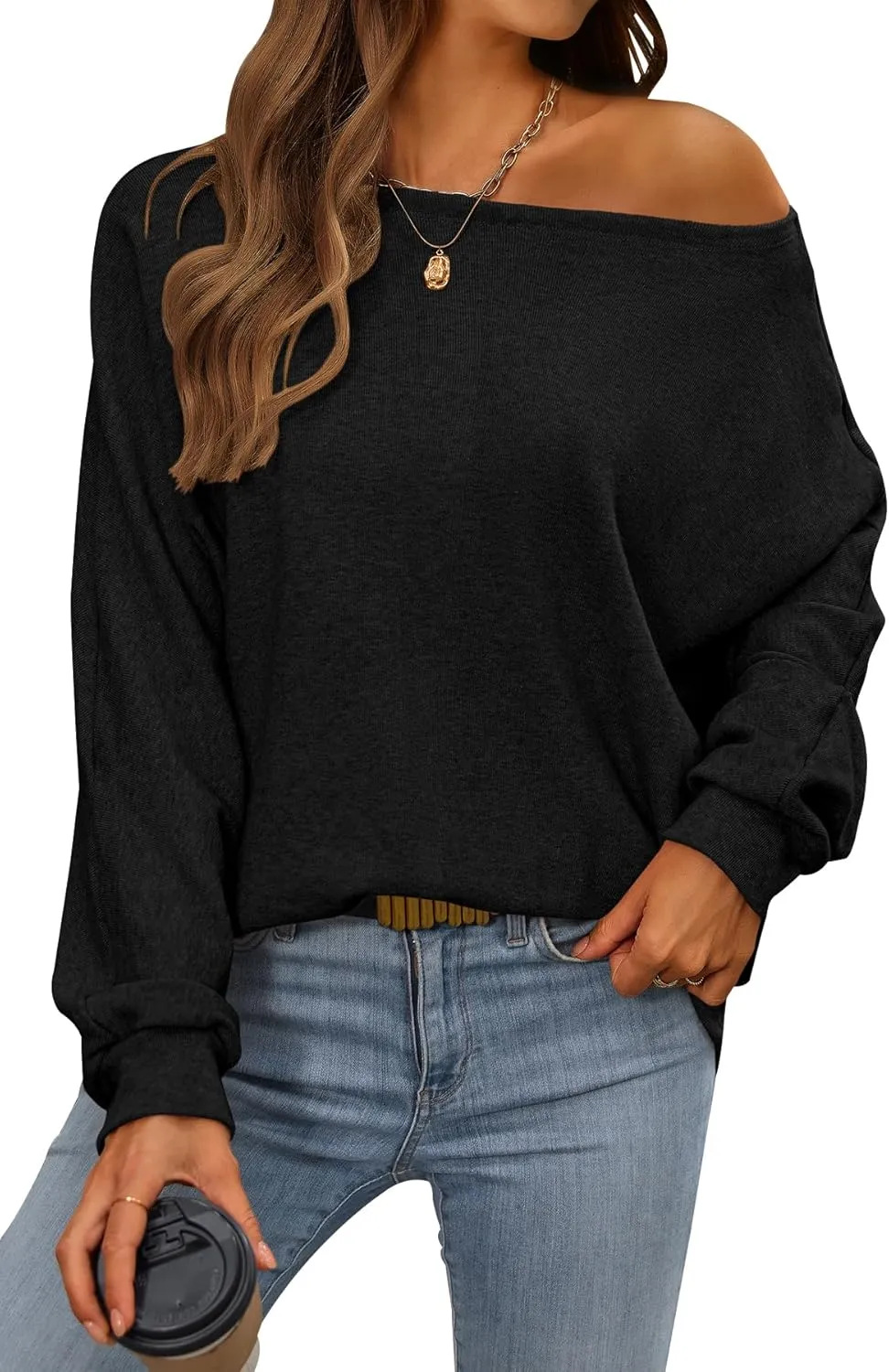 CFLONGE Fall Sweaters for Women 2025 Casual Pullover Off The Shoulder Sweater Batwing Long Sleeve Sweatshirt Knit Jumper Tops