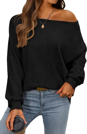 CFLONGE Fall Sweaters for Women 2025 Casual Pullover Off The Shoulder Sweater Batwing Long Sleeve Sweatshirt Knit Jumper Tops