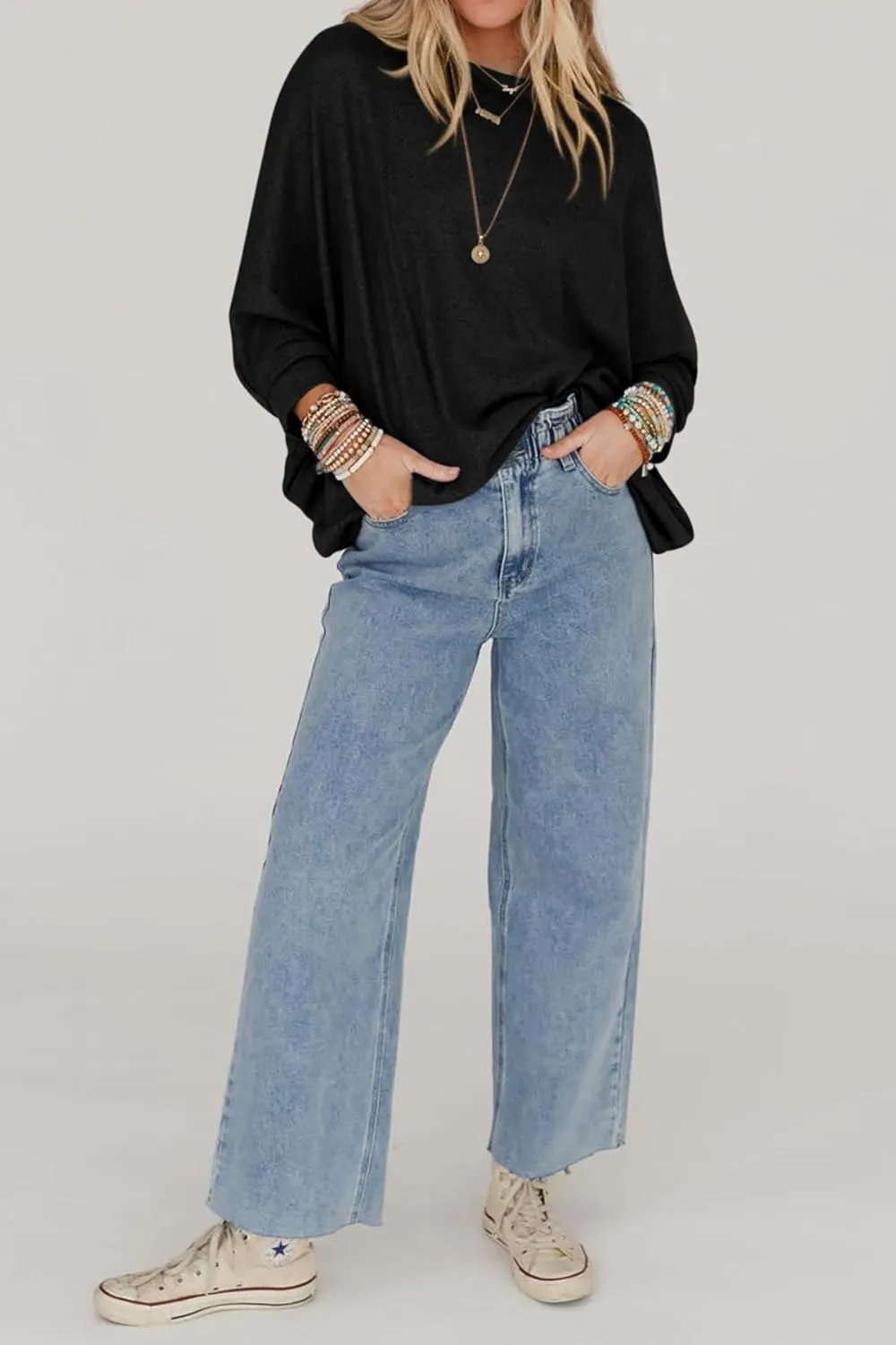 CFLONGE Fall Sweaters for Women 2025 Casual Pullover Off The Shoulder Sweater Batwing Long Sleeve Sweatshirt Knit Jumper Tops