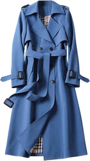 CHARTOU Women Double Breasted Mid Long Trench Coat with Belt Lightweight Windbreaker Long Duster Trenchcoat (Medium,Blue)
