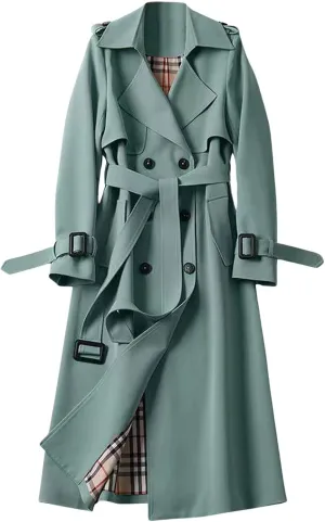CHARTOU Women Double Breasted Mid Long Trench Coat with Belt Lightweight Windbreaker Long Duster Trenchcoat (Medium,Green)