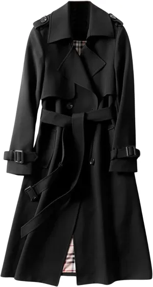 CHARTOU Women Double Breasted Mid Long Trench Coat with Belt Lightweight Windbreaker Long Duster Trenchcoat (Small,Black)