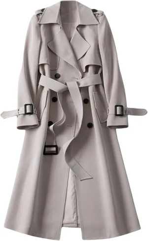 CHARTOU Women Double Breasted Mid Long Trench Coat with Belt Lightweight Windbreaker Long Duster Trenchcoat (X-Small,Beige)