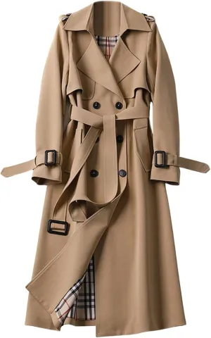 CHARTOU Women Double Breasted Mid Long Trench Coat with Belt Lightweight Windbreaker Long Duster Trenchcoat (X-Small,Khaki)