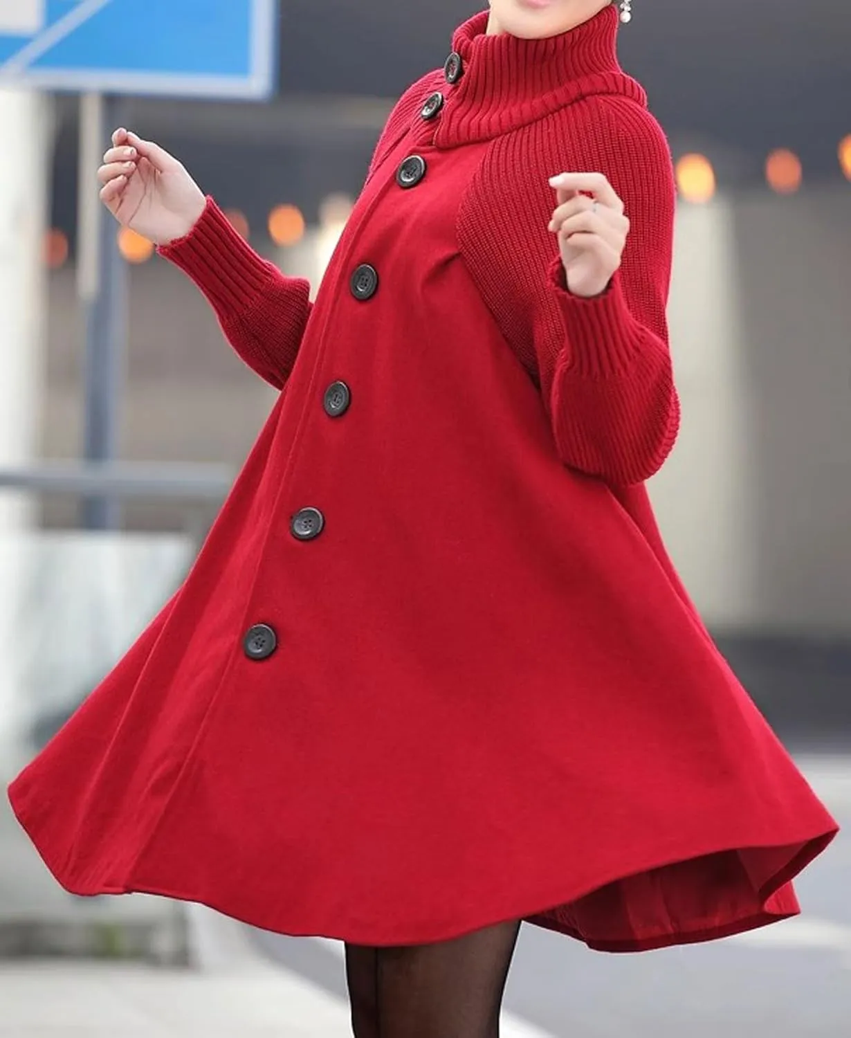 CHARTOU Women Knitted Long Sleeve Mid Long Button Down Wool Coat Cape Jacket Peacoat Turtleneck Poncho Cloak