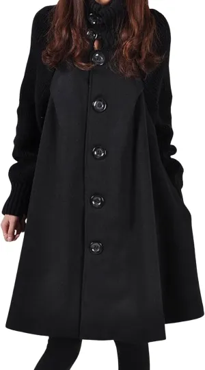 CHARTOU Women Knitted Long Sleeve Mid Long Button Down Wool Coat Cape Jacket Peacoat Turtleneck Poncho Cloak