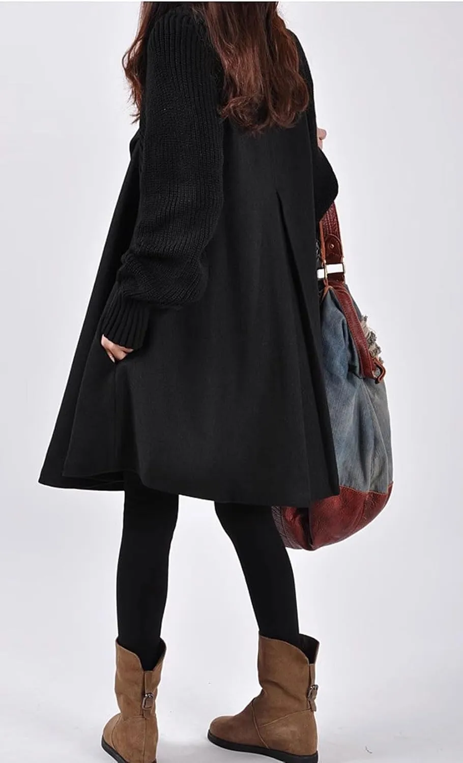 CHARTOU Women Knitted Long Sleeve Mid Long Button Down Wool Coat Cape Jacket Peacoat Turtleneck Poncho Cloak