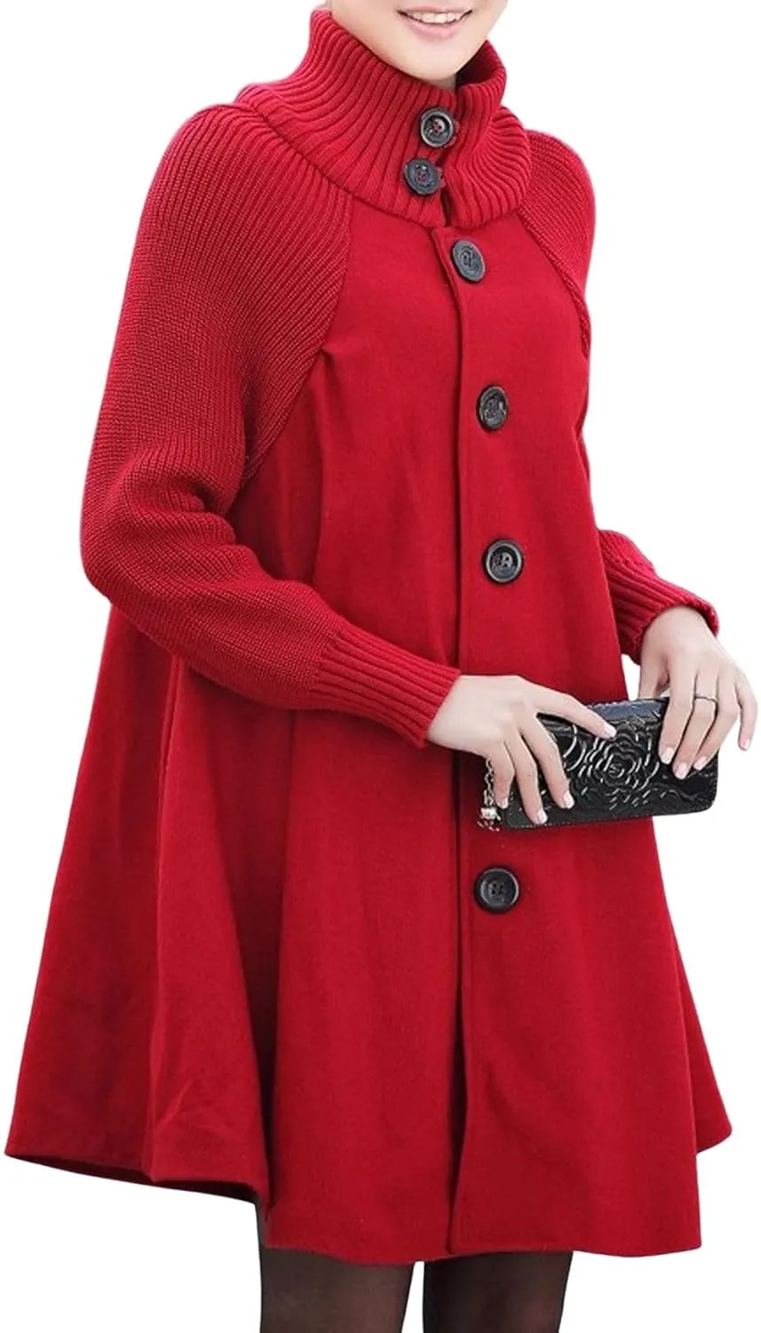 CHARTOU Women Knitted Long Sleeve Mid Long Button Down Wool Coat Cape Jacket Peacoat Turtleneck Poncho Cloak