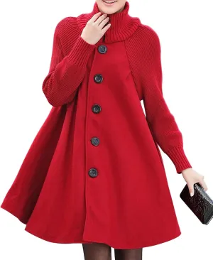 CHARTOU Women Knitted Long Sleeve Mid Long Button Down Wool Coat Cape Jacket Peacoat Turtleneck Poncho Cloak