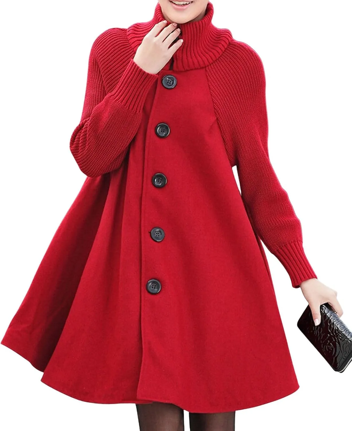 CHARTOU Women Knitted Long Sleeve Mid Long Button Down Wool Coat Cape Jacket Peacoat Turtleneck Poncho Cloak