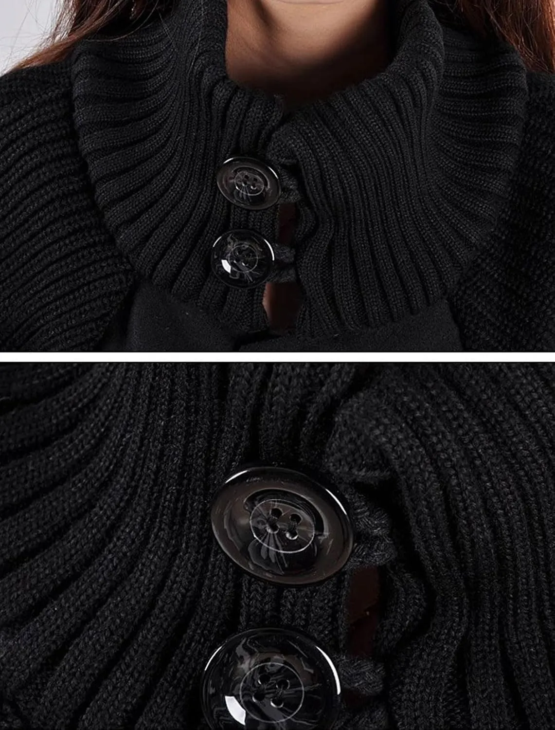 CHARTOU Women Knitted Long Sleeve Mid Long Button Down Wool Coat Cape Jacket Peacoat Turtleneck Poncho Cloak