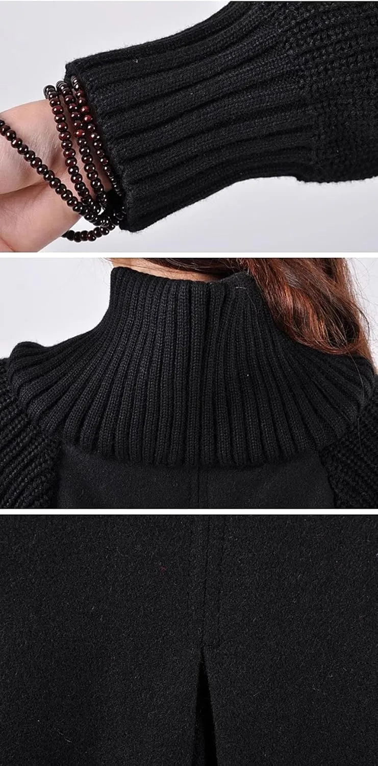 CHARTOU Women Knitted Long Sleeve Mid Long Button Down Wool Coat Cape Jacket Peacoat Turtleneck Poncho Cloak