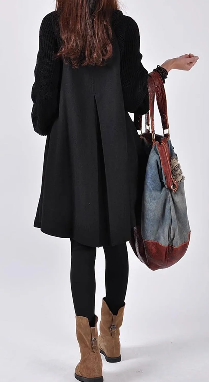CHARTOU Women Knitted Long Sleeve Mid Long Button Down Wool Coat Cape Jacket Peacoat Turtleneck Poncho Cloak