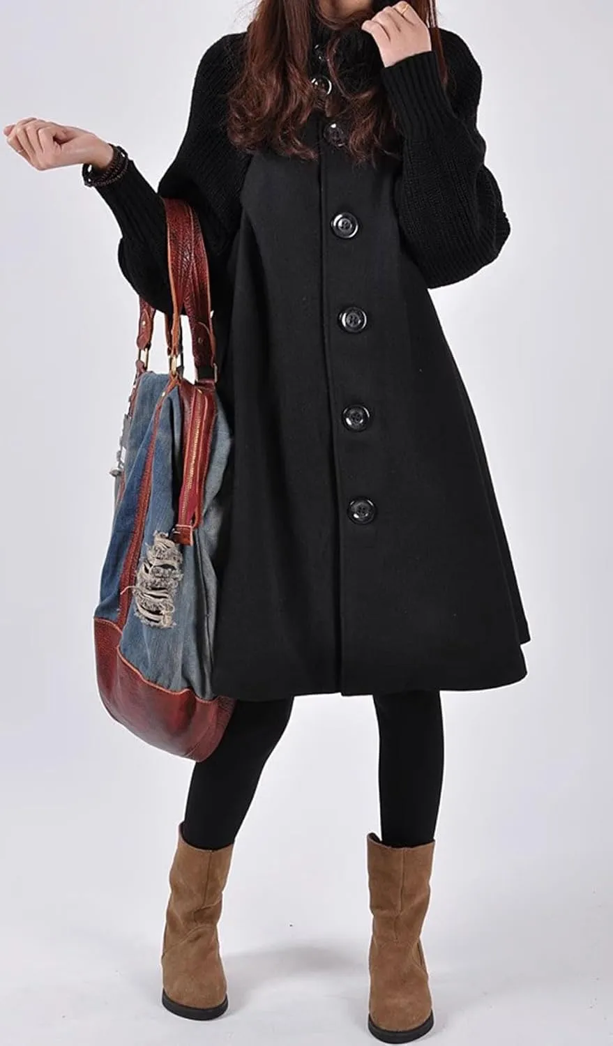 CHARTOU Women Knitted Long Sleeve Mid Long Button Down Wool Coat Cape Jacket Peacoat Turtleneck Poncho Cloak