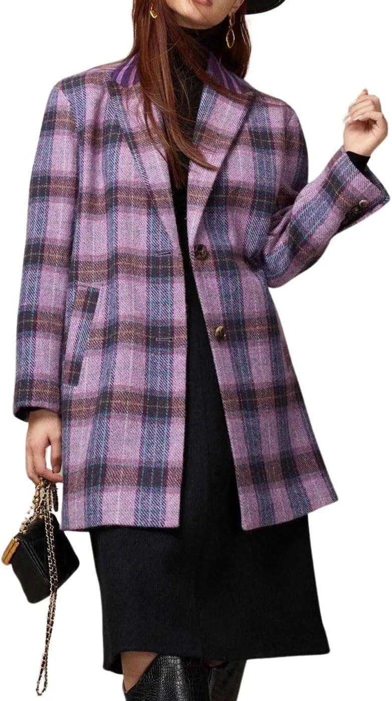CHARTOU Women Plaid Long Winter Coats Wool Blend Loose Fit Dressy Lady Jacket Trench Coat Outwear
