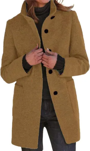 CHARTOU Women Winter Long Pea Coat Wool Blend Stand Collar Single Breast Thicken Blazer Jacket