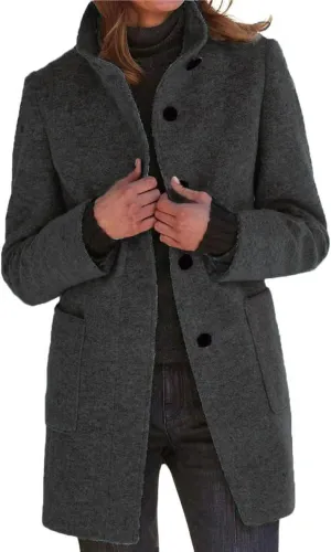 CHARTOU Women Winter Long Pea Coat Wool Blend Stand Collar Single Breast Thicken Blazer Jacket