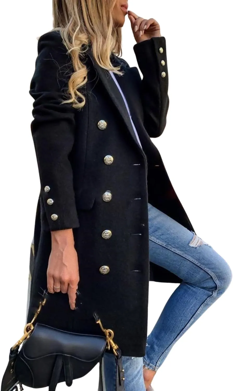 CHARTOU Womens Mid Long Wool Blend Pea Coat Lapel Collar Double Breasted Trench Coats Blazer Woolen Jaclets with Pockets