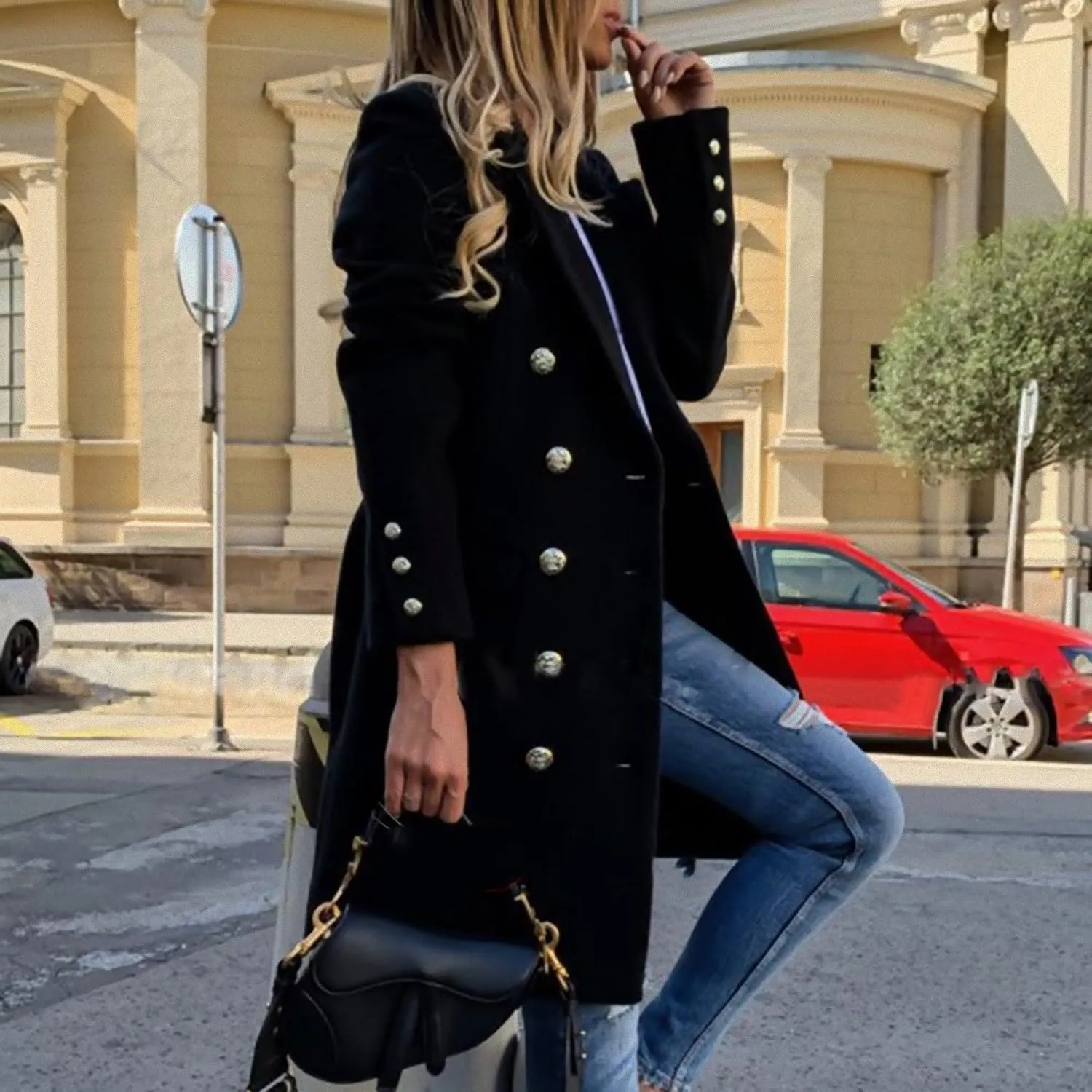 CHARTOU Womens Mid Long Wool Blend Pea Coat Lapel Collar Double Breasted Trench Coats Blazer Woolen Jaclets with Pockets