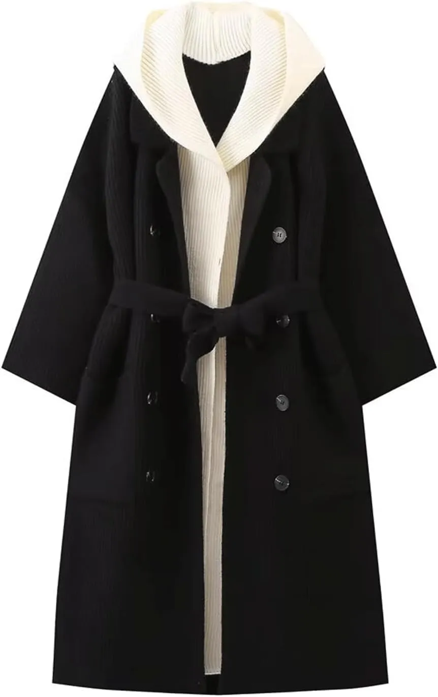 CHARTOU Women's Warm Hooded Rib Knitted Overcoat Winter Long Belted Double Breasted Trench Coat with Pockets